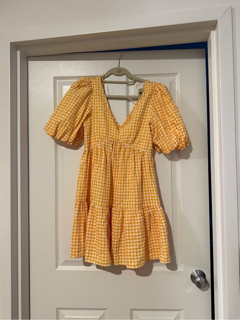 Yellow Gingham Puff Sleeve Tiered Mini Dress